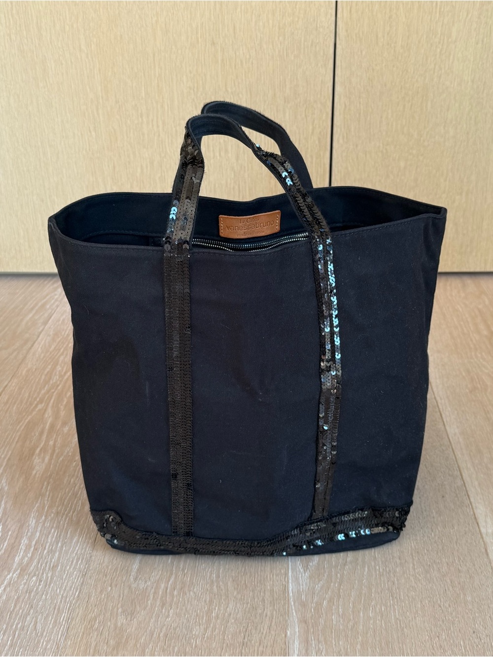 Vanessa Bruno Le Cabas M Black Sequin-Trim Canvas Tote